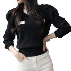 메리앤유 배색 포켓 어깨 퍼프 롱 슬리브 니트 블라우스 정장 하객 룩