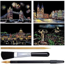 Yolev 스크래치 아트 성인용 페인팅 무지개 종이 스케치 패드 카드 야경 풍경 스크래치보드A4 도구 포함 크리에이티브 DIY 크래프트 4장 121930, Yolev 스크래치 아트 성인용 페인팅 무지개 종이 스