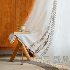 棉麻刺繡流蘇窗紗 復古風田園風窗簾, 咖色柳葉-打孔,高140*寬140公分