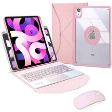 Powerway iPad Air5/Air4 (10.9吋) 專用藍牙鍵盤皮套保護殼組 (含同色無線滑鼠)，輕巧便攜，提升工作效率, 櫻花粉(粉鍵帽/粉滑鼠/粉色透明保護殼), 剪刀腳巧克力式鍵帽, PLT109TS粉