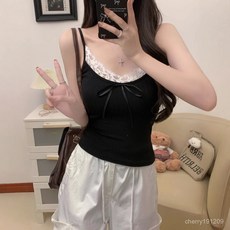 臺灣出貨 純慾風吊帶上衣 性感蕾絲花邊拼接坑條背心 帶胸墊 修身顯瘦美背上衣, 黑色,均碼