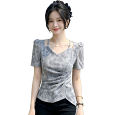 여성용 스판 망사 브이넥 댄스복 상의 썸머 언밸런스 셔링 반팔 티 셔츠 뉴타임즈 05CW2304