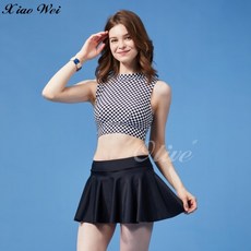 蘋果牌 高領黑白方格時尚大女二件式比基尼裙款泳裝, 黑白方格