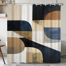 Xiazhilaio 레트로 기하학 샤워 커튼 180.9 x 188.9cm(71 74인치) - 중세 모던 추상 웨이브 프린트 방수 욕실 커튼 녹 방지 후크 표준 욕조용 보헤미