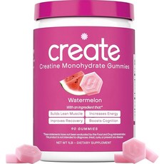 Create 남성 및 여성용 크레아틴 모노하이드레이트 젤리 집중력 강도 및 지구력 향상 녹는 방지 포뮬러 비건 글루텐 프리 GMO 프리 젤리 당 크레아틴 1.5g(, 수박, 1개