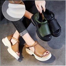 여성 플랫폼 웨지 오픈 토 샌들 발편한 통굽 스트랩 고급 소가죽 여름 키높이 신발