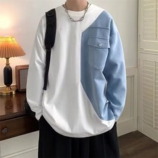 AOKADA 남성 봄 가을 루즈핏 라운드 카고 포켓 배색 맨투맨 티셔츠