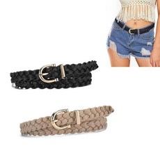 IRIIRIO 2피스 스키니 브레이드 벨트 여성용 여아용 얇은 클래식 PU 가죽 우븐 허리 벨트 스트랩 청바지 바지 드레스용 (블랙+카키)