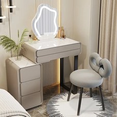 舒心美鏡2024實木奶油風梳妝臺 臥室現代簡約化妝臺 伸縮鬥櫃一體化妝桌, 白色岩板面-灰色-小蝶椅,70cm
