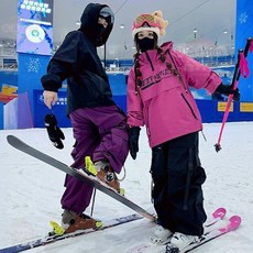 無憂先生新款美式滑雪服套裝男單板防水保暖加厚滑雪褲女款雪服, 1個, 紫色上衣+黑色褲子（帶雪裙） 橫紋復網防,M