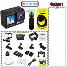 [호환] 듀얼 스크린 액션 카메라 5K 4K60FPS 50MP 2 인치 터치 5X 줌 Wi-Fi EIS 170 ° DVR 웹캠 무선 마이크 30M 방수 스포츠, 5)M60TRW Option 1