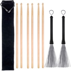 Augshy 3 Pairs 5A Hard Maple Wood Drum Sticks & 1 Pair Retractable Drum Wire Brushes with Storage, 1개, 나무색