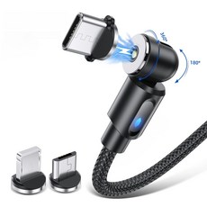 3in1 고속 충전 케이블 540도 회전 마그네틱 충전 케이블 LED 라이트 효과, 1개, 블랙-Black, 2m