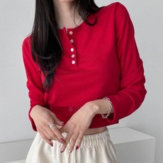 옷자락 여자 라운드넥 단추 스판 크롭 쫄티 무지 티셔츠