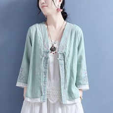 ORZQU 여름 여성 캐주얼 자수 7부 소매 아우터 브이넥 세미한복 블라우스