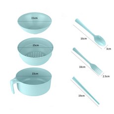 桃園發運 小麥秸稈餐具 泡麵碗帶蓋餐具 大號碗筷學生上班族便攜飯盒套裝, （北歐綠）六件套+濾湯器, 1個