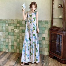 ORZQU 여름 여성 루즈핏 프린트 민소매 라운드넥 롱 시원한 잠옷 원피스