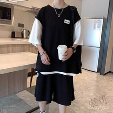 休閒運動風假兩件拚色短袖T恤衫五分褲男套裝 潮流寬鬆大碼百搭運動服五分袖五分褲兩件套