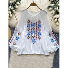 여성 레트로 자수 린넨셔츠 용수철 블라우스 에스닉 스타일 문학 루즈 코튼 린넨 라운드넥 풀오버 셔츠 캐주얼 상의 A158