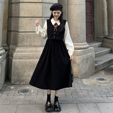 2022春款假两件长袖连衣裙女装秋冬季新款法式复古气质收腰裙子