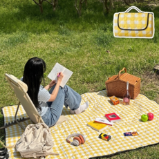 ANYOU 도톰한 방수 피크닉 매트 야외 휴대용 접이식 방습 매트 피크닉 패브릭 캠핑장 매트, 황백체크