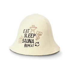 Sauna Guru Sauna Hat 'Eat Sleep Sauna Repeat' 화이트 - 러시아 반야용 100% 유기농 울 펠트 모자 - 열로부터 머리 보호 - 영어 사우나, Sauna Guru Sauna Hat 'Eat Slee