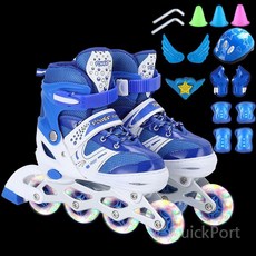 인라인 스케이트 어린이 풀세트, 블루 + 풀 플래시 +음악 보호구 세트