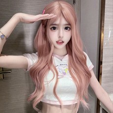 하이유니 체리블로썸 핑크 웨이브 롱 헤어 통가발 65cm, 핑크 - 통가발+거치대+가발망, 1개
