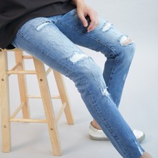 Devollo男款彈性隱藏鬆緊帶破洞牛仔褲復古破洞褲破壞牛仔褲9分