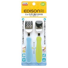 日本 EDISON 不鏽鋼幼兒學習湯叉組 附收納盒 叉匙組 兒童湯匙 叉子 嬰幼兒學習餐具組 6350 愛迪生, 1個, 無盒款 /藍色+綠色 /6367