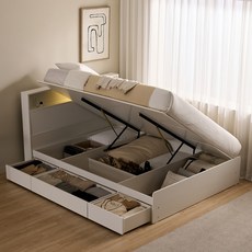 잉글랜더 리보 LED 리프트업 수납 침대 서랍형(매트제외-Q), 밀크화이트