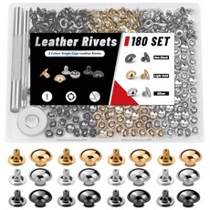 코익세 가죽 리벳 180세트 3가지 색상 공예 수리 장식용 키트가 * 8 포함된 도구 스터드 세팅 6mm 및 금속