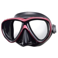 台灣品牌Problue 矽膠雙面鏡水肺潛水面鏡，通用款潛水面罩浮潛裝備，雙鏡片擴大視野, 黑裙邊金屬紅