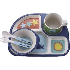 Mengmengdashi 밤부 캐릭터 식판 5종 세트, 식판 + 보울 + 컵 + 숟가락 + 포크, 블루 고래, 1개