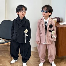 兔巴叮童裝 春秋季兒童花朵小西裝套裝 韓版男童禮服 花童主持人寶寶氣質畢業製服兩件套