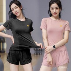 速幹運動套裝女 寬鬆薄款透氣瑜伽服 冰絲防走光短褲短袖 跑步健身服 夏季運動服 高彈力舒適 熱銷推薦 運動必備