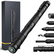 9-in-1 다기능 도구 펜 야외 자기 방어 생존 EDC 도구 펜 유리 차단기 + 볼펜 + 화재 시동기 + 나침반 + 호루라기 + 다기능 도구 헤드를, 블랙, 1개