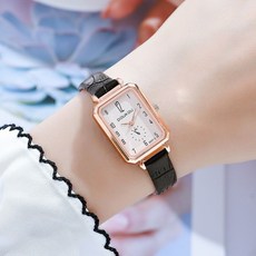 知秋 韓版方形綠森系皮帶簡約文藝石英女錶 防水考試靜音指針手錶