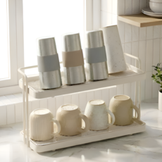 우디밸리 공간활용 물빠짐 미니 컵건조대, 1개, 밀크 화이트, 2단