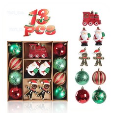 臺灣出貨 新款13裝聖誕節掛飾聖誕樹裝飾品套裝 耶誕節裝飾 節日慶典電鍍彩繪掛飾, 紅綠金, 1個
