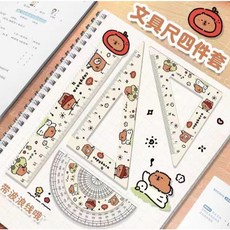 台灣發貨 卡通卡皮巴拉4件套尺子 卡比巴拉學生尺測量尺水豚三角板15cm直尺 三角尺 半圓尺 尺子 文具 禮物禮品, 1個, 頭套水豚