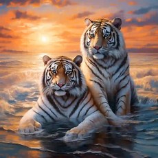 노을 호랑이 가족 24색 물감 붓 맹호도 2024년 새해 성공운 금전운에 좋은 풍수 DIY명화그리기 정사각형 유화그리기, 30x30cm+물감세트+붓, 노을 호랑이 가족 그림그리기2, 1개