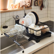키친브리즈 확장형 자동 물빠짐 식기 건조대 + 수세미 홀더, 1개, 블랙[확장형], 1단