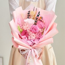 메종드플로레 시들지 않는 생화 프리저브드 플라워 큰 꽃다발 + 쇼핑백, 헤이즈핑크