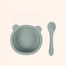 다다란 유아용 아기 실리콘 이유식 그릇 흡착볼+수저 세트, 1세트, 그릇+수저, 세이지그린