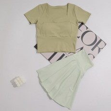 치마바지 팬츠 스윔 하이웨이스트 실내 비키니 바지 래쉬가드, 라이트그린 스커트+라이트그린 반팔