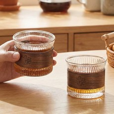 57도씨 호두나무 홀더 내열유리 플리츠 찻잔, 2개, 플리츠 유리컵 170ml