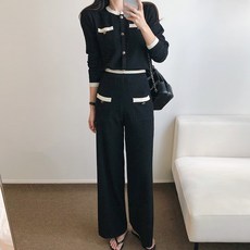 요시아나 [당일발송] 클래식한 릴리제 지그재그 패턴 배색 가디건 롱팬츠 니트 세트 투피스 2컬러
