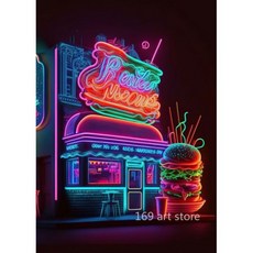 네온 스타일 음식 음료 햄버거 피자 아이스크림 커피 맥주 아트 포스터 캔버스 페인팅 벽 인쇄 사진 바 홈 데코, 40X60cm Unframed, 20