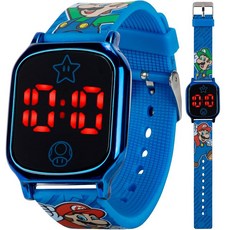 슈퍼마리오 터치 활성화 LED 시계 - 디지털 시간 디스플레이 블루 합금 케이스 부드러운 실리콘 스트랩 재미있는 마리오&루이지 디자인 14cm에서 20.3cm(8인치) 손목에